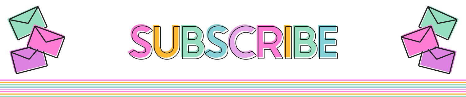 Colorful subscribe banner with pastel envelopes on both sides and horizontal multicolor lines below.