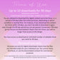 Pink and purple terms of use document detailing download allowances, restrictions on editable thank you cards, and personal use guidelines, with emphasis on reading thoroughly.