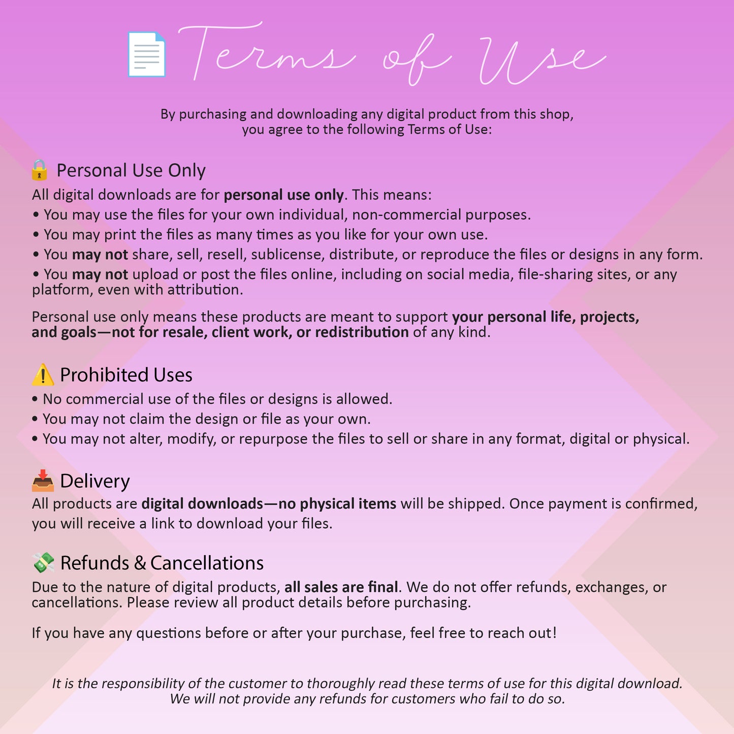 Terms of Use for digital downloads including personal use license, restrictions on resale and sharing, instant download delivery details, and no refunds policy.