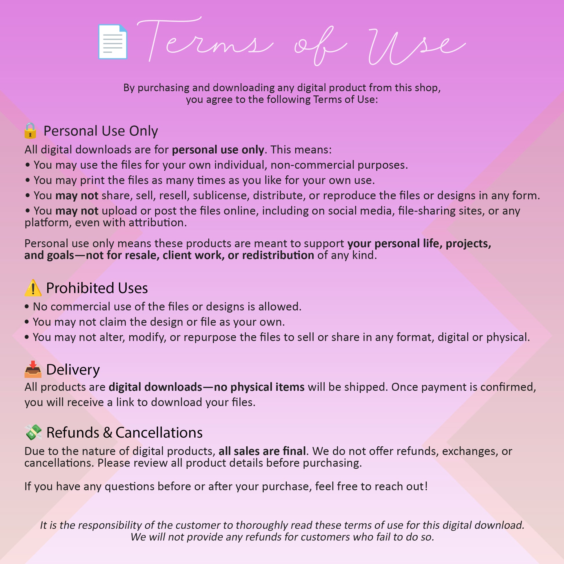 Terms of Use for digital downloads including personal use license, restrictions on resale and sharing, instant download delivery details, and no refunds policy.