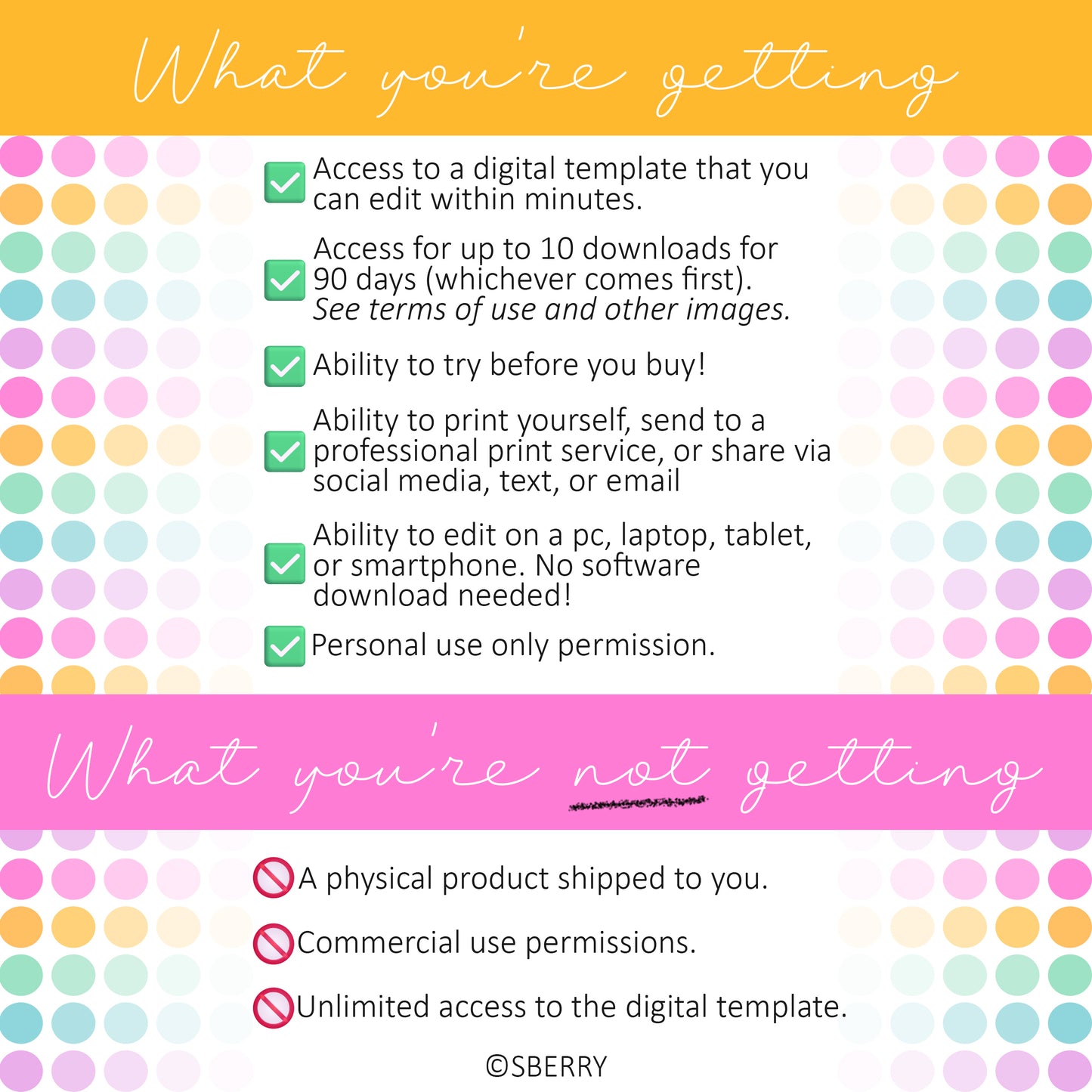 Colorful infographic detailing what is included: digital download access, trial before purchase, editing on devices, and personal use. Exclusions: physical product, commercial and unlimited use.