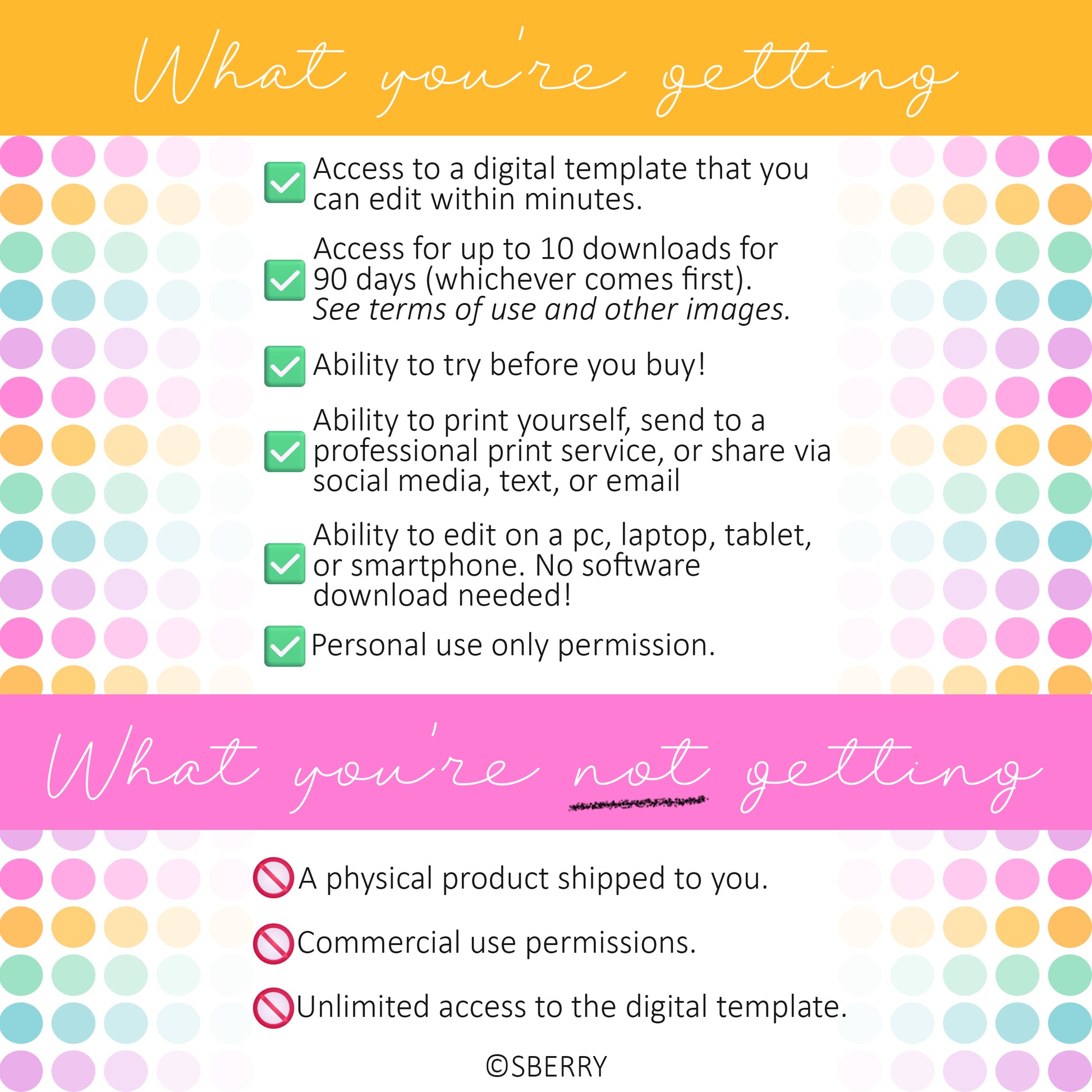 Colorful infographic detailing what is included: digital download access, trial before purchase, editing on devices, and personal use. Exclusions: physical product, commercial and unlimited use.